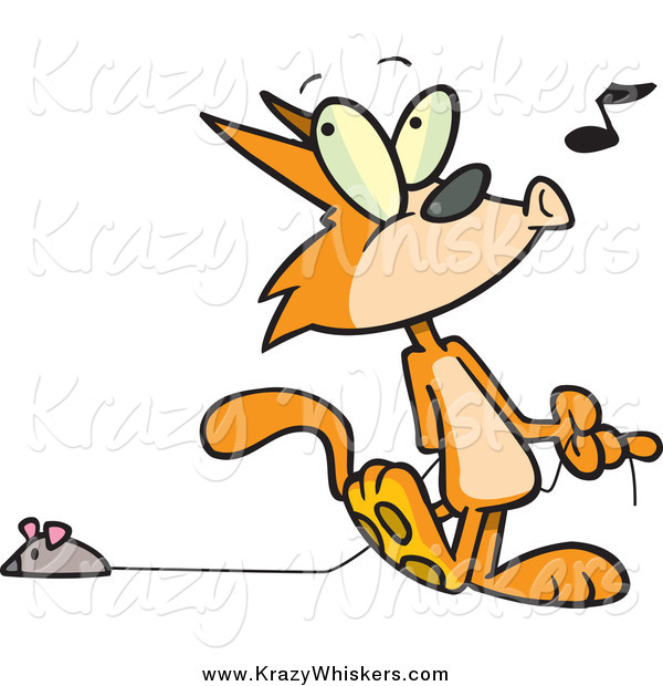 Critter Clipart of a Cartoon Ginger Cat Whistling and Pulling a Mouse Toy