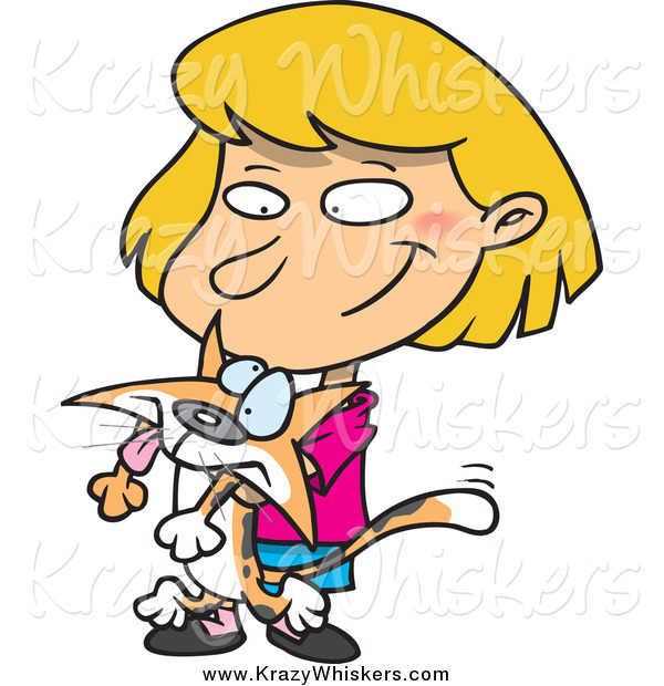 Critter Clipart of a Cartoon Girl Squeezing Her Kitty