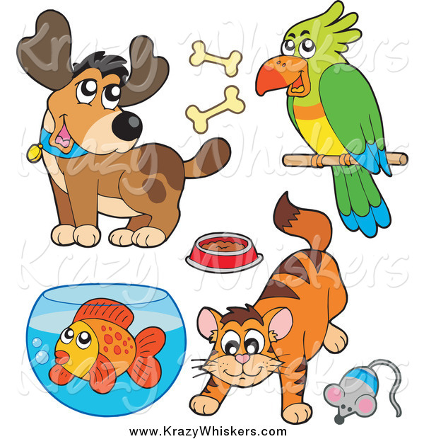 Critter Clipart of a Cartoon Happy Dog, Parrot, Cat and Fish