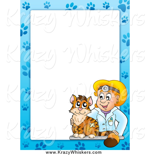 Critter Clipart of a Cat and Blond White Female Veterinarian Border Around White Space