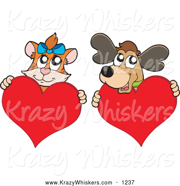 Critter Clipart of a Cat and Dog Hugging Hearts