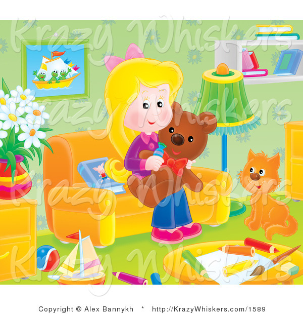 Critter Clipart of a Cat and Girl with a Teddy Bear in a Toy Room - Royalty Free