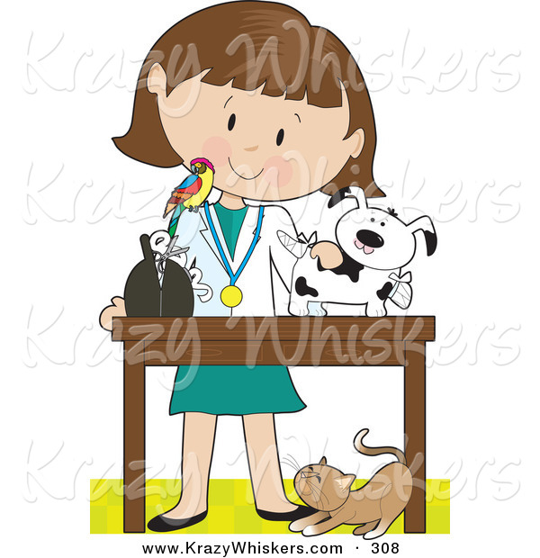 Critter Clipart of a Cat at a Caucasian Female Veterinarian's Feet As She Bandages up a Puppy, a Bird Perched on Her Shoulder