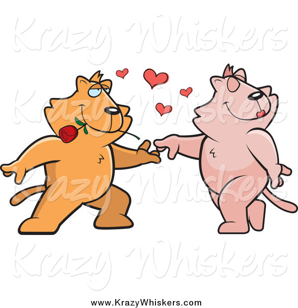 Critter Clipart of a Cat Couple Dancing with Hearts and a Rose