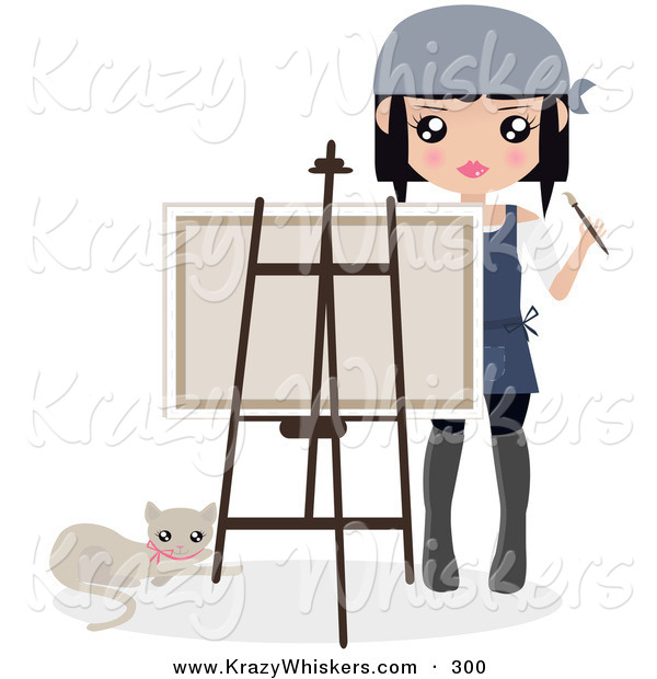 Critter Clipart of a Cat Laying by a Female Artist Holding a Paintbrush and Looking over a Canvas on an Easel