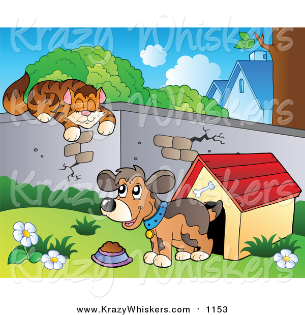 Critter Clipart of a Cat Sleeping on a Wall over a Dog by a House