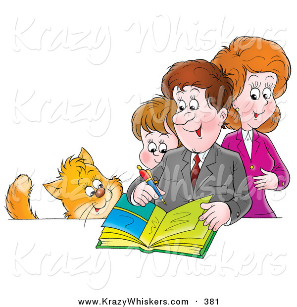 Critter Clipart of a Cat Watching a Family Writing in a Photo Album