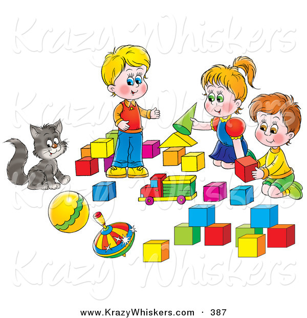 Critter Clipart of a Cat Watching Two Small Boys and a Girl Play with Blocks