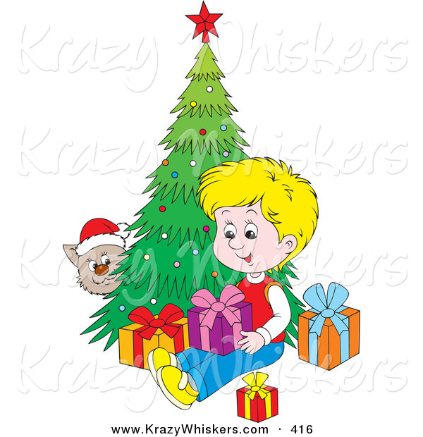 Critter Clipart of a Cat Wearing a Santa Hat, Peeking Around a Christmas Tree and Watching a Blond Boy Open Presents