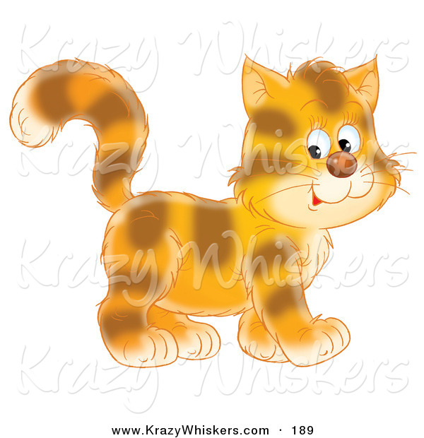 Critter Clipart of a Cheerful and Cute Tiger Striped Kitty Cat in Profile, Walking to the Right