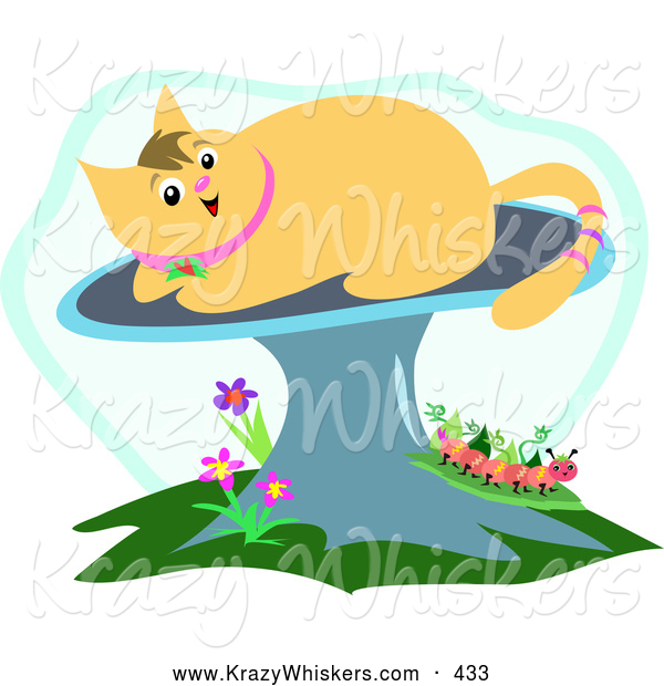 Critter Clipart of a Cheerful Beige Cat on a Mushroom over Flowers and a Caterpillar