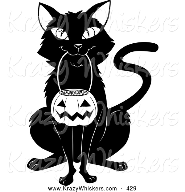 Critter Clipart of a Cheerful Black Cat Sitting and Carrying a Pumpkin Basket Full of Candy Corn in Its Mouth on Halloween