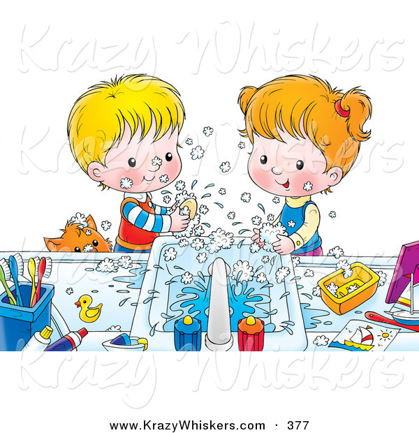 Critter Clipart of a Cheerful Brother and Sister Making a Mess While Washing Their Hands with Soap, a Cat Peeking over the Counter