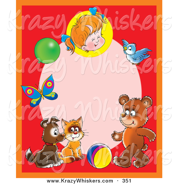 Critter Clipart of a Cheerful Red Frame Around a Pink Oval with a Little Girl, Balloon, Butterfly, Bird, Bear, Ball, Cat and Puppy