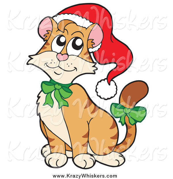 Critter Clipart of a Christmas Cat Wearing a Santa Hat and Green Bows