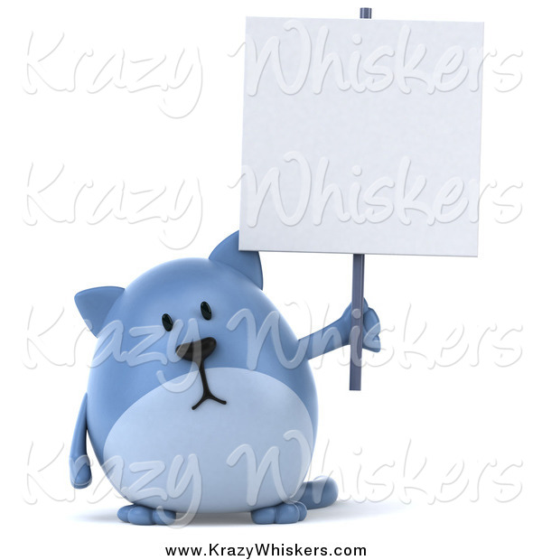 Critter Clipart of a Chubby Blue Cat Holding a Blank Sign