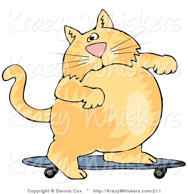Critter Clipart of a Chubby Orange Cat Skateboarding on a Blue Skateboard