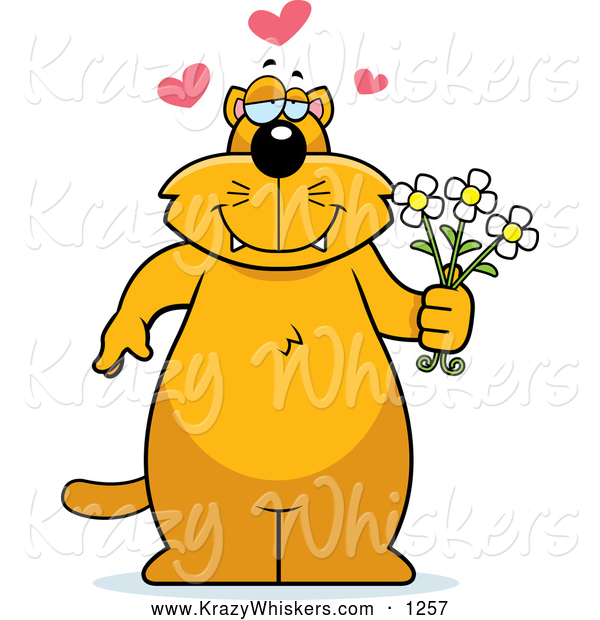Critter Clipart of a Chubby Orange Cat with Hearts, Holding Flowers