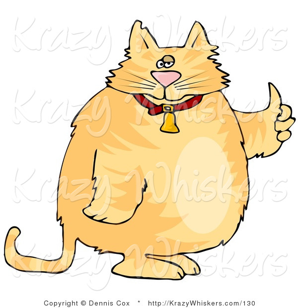 Critter Clipart of a Chubby Orange Tabby in a Bell Collar Giving the Thumbs up