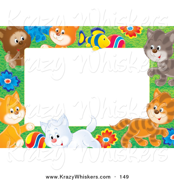 Critter Clipart of a Coloeful Stationery Border or Frame of a Litter of Playful Kittens, Flowers and a Fish