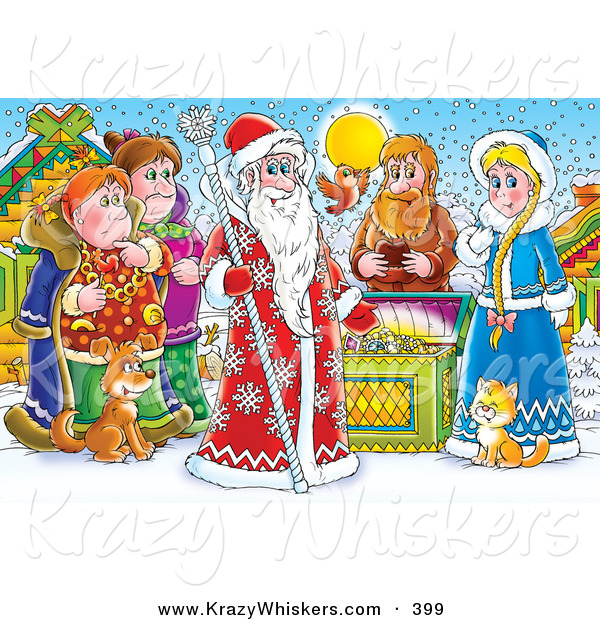 Critter Clipart of a Colorful Painting of a Group of People, Bird, Cat and Dog Around a Treasure Chest and a King of Winter, or Santa Clause