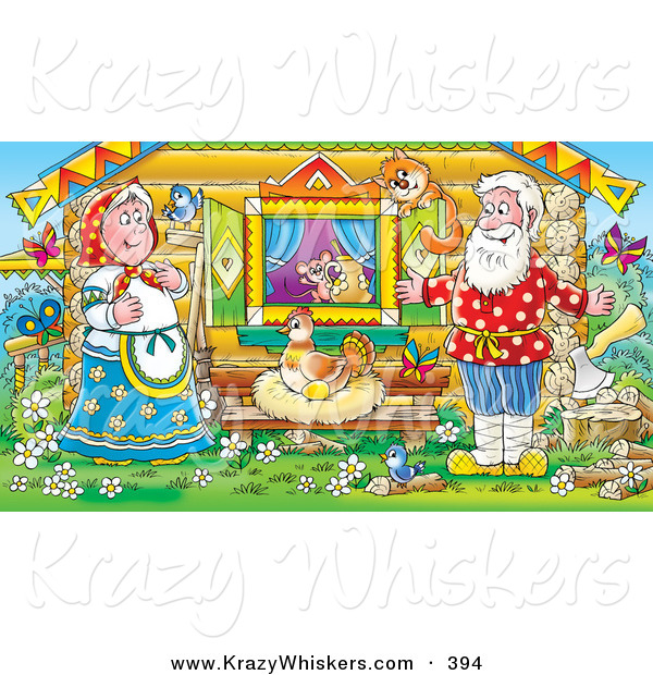 Critter Clipart of a Colorful Painting of a Happy Man, Woman, Mouse, Bird and Cat Watching a Hen Laying Golden Eggs Outside a Log Cabin