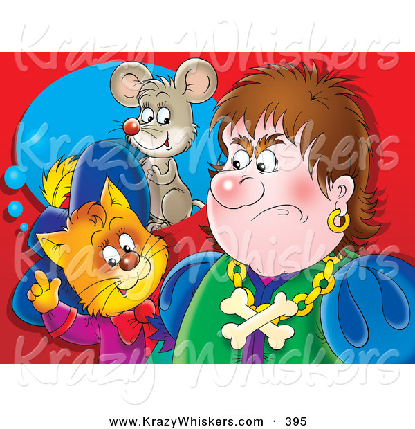 Critter Clipart of a Colorful Painting of a Puss in Boots, the Cat, Standing Behind an Angry Man, Thinking of a Mouse