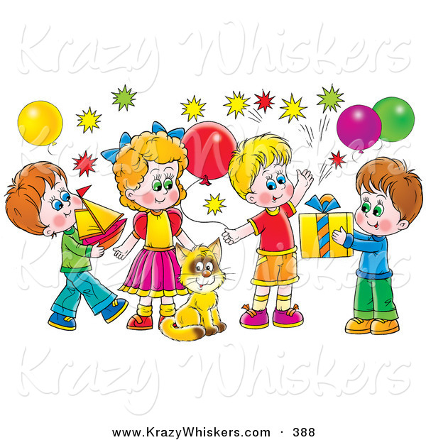 Critter Clipart of a Colorful Picture of a Cat Surrounded by Children and Balloons at a Birthday Party