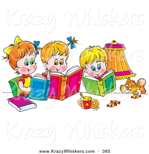 Critter Clipart of a Colorful Picture of a Cat Watching a Boy and His Two Sisters Read Books