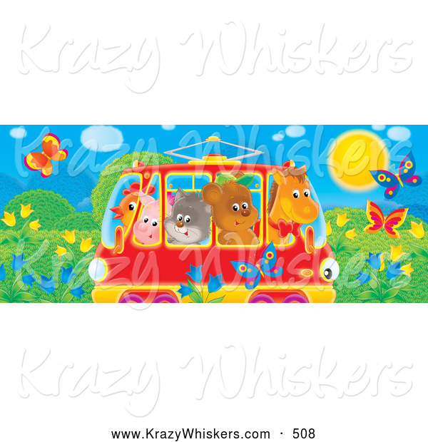 Critter Clipart of a Colorful Picture of a Horse, Bear, Cat, Pig and Chicken Crowded into a Rail Car, Passing a Meadow with Butterflies and Flowers