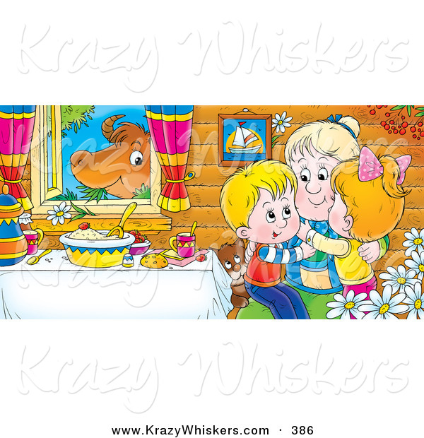 Critter Clipart of a Colorful Picture of Happy Grandchildren Hugging Grandma at a Table While a Cow Chews on Grass in the Window