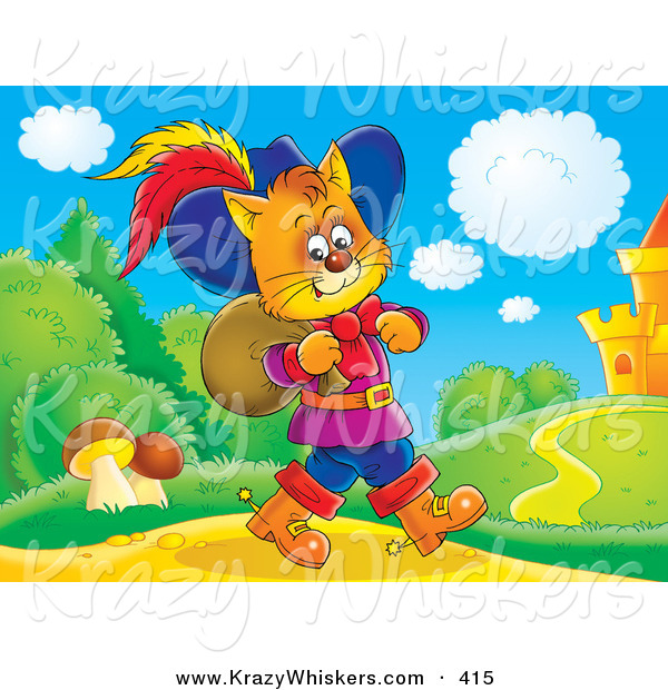 Critter Clipart of a Colorful Picture of Puss in Boots, the Cat, Strolling near a Castle with a Sack over His Shoulder