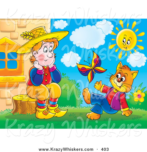 Critter Clipart of a Colorful Sad Man Sitting on a Stump and Talking to a Cat in Clothes, Watching a Butterfly on a Sunny Day