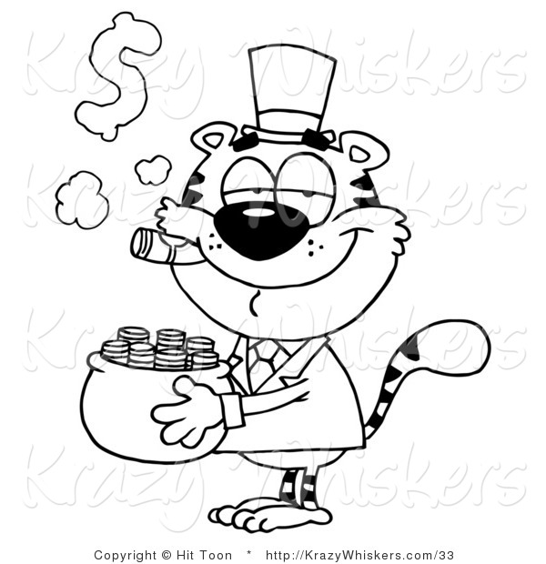 Critter Clipart of a Coloring Page of a Tiger Carrying a Pot of Gold and Smoking a Cigar