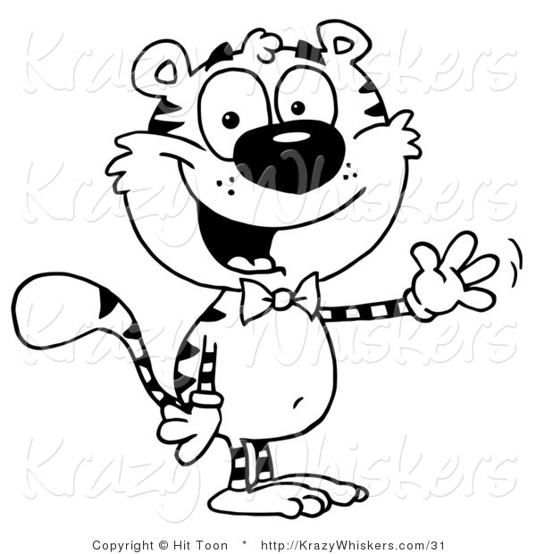 Critter Clipart of a Coloring Page of a Tiger Wearing a Bow Tie and Waving