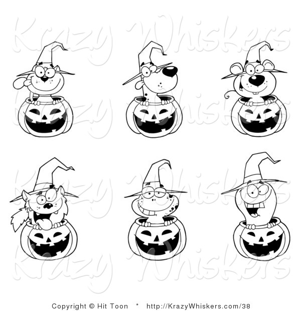 Critter Clipart of a Coloring Page of Animals in Halloween Pumpkins