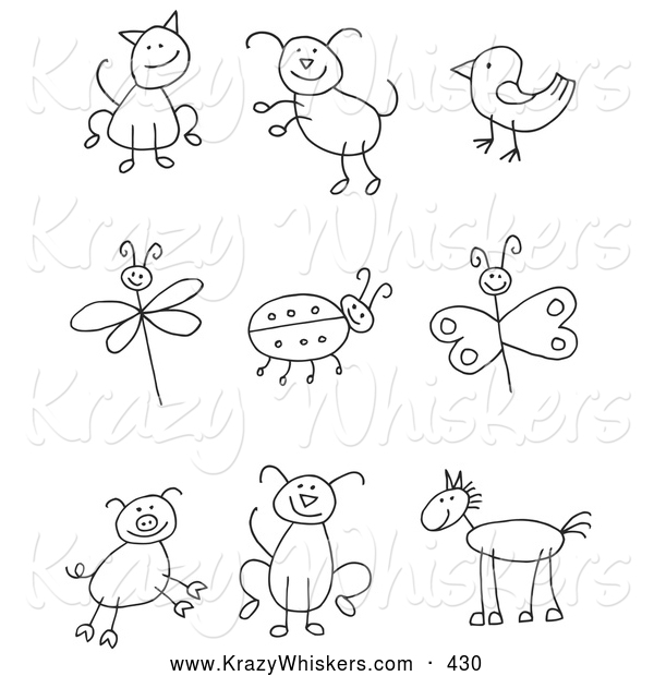 Critter Clipart of a Coloring Page Stick Figure Cat, Dog, Bird, Dragonfly, Ladybug, Butterfly, Pig, Pupy and Horse