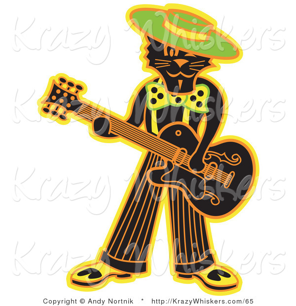 Critter Clipart of a Cool Black Cat Playing a Guitar While Wearing a Hat