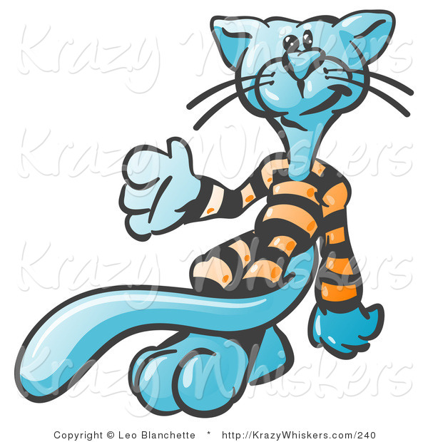 Critter Clipart of a Cool Blue Cat with a Long Tail, Wearing and Lazing Around in His Orange and Black Striped Pajamas