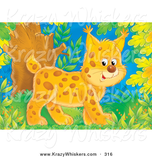 Critter Clipart of a Cute and Happy Baby Bobcat Walking Through a Forest