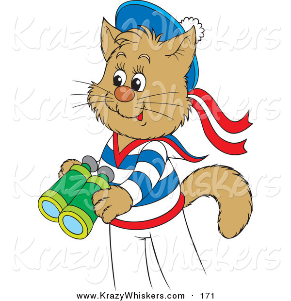 Critter Clipart of a Cute and Happy Sailor Cat in Uniform, Holding a Pair of Binoculars