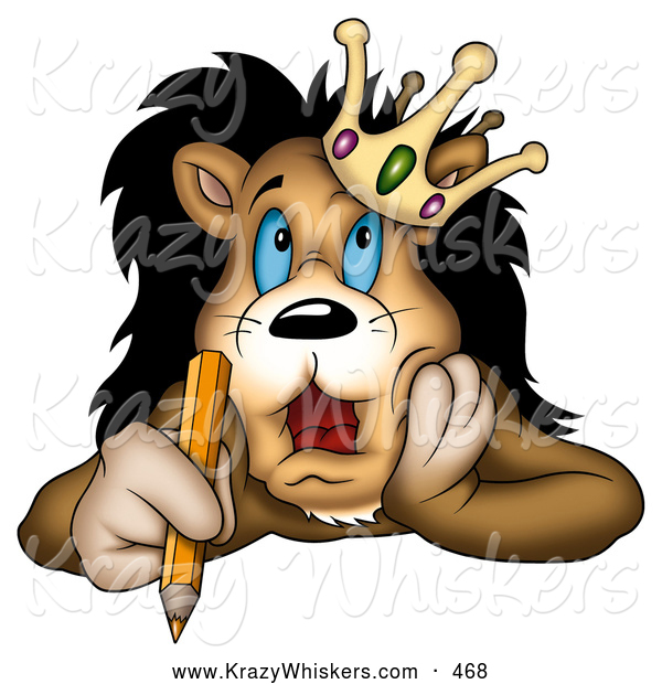 Critter Clipart of a Cute and Stressed Lion King in a Crown, Holding a Pencil and Touching His Face