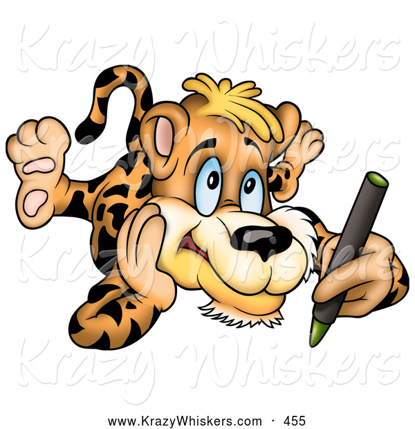 Critter Clipart of a Cute Artistic Leopard Laying on His Belly and Coloring with a Green Crayon