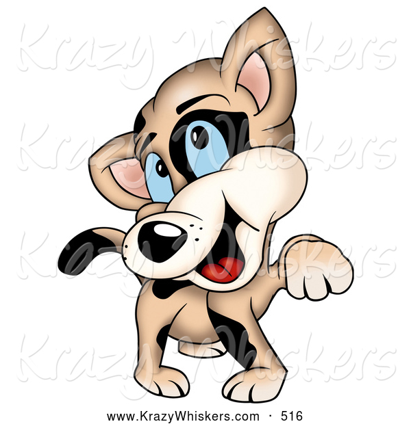 Critter Clipart of a Cute Beige Cat with Black Spots, Lifting Its Paw and Laughing