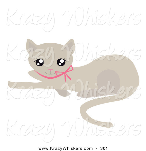 Critter Clipart of a Cute Beige Kitty Cat with a Pink Bow Collar, Laying on the Ground and Looking up