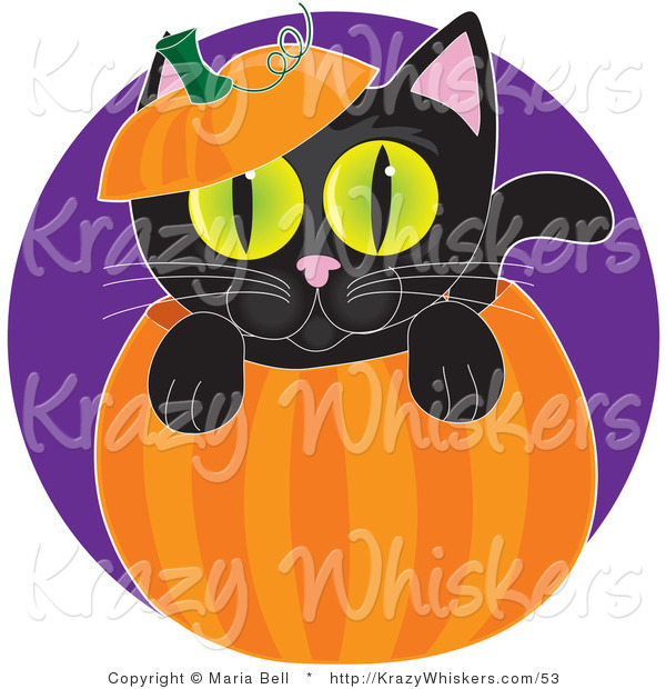 Critter Clipart of a Cute Black Kitten with Big Green Eyes, Peeping out from Inside a Halloween Pumpkin, with the Top on His Head