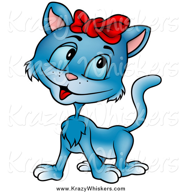 Critter Clipart of a Cute Blue Cat Wearing a Red Ribbon