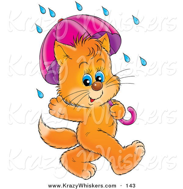 Critter Clipart of a Cute Blue Eyed Orange Kitten Waving and Strolling with an Umbrella on a Rainy Day