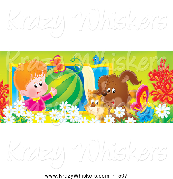Critter Clipart of a Cute Boy in a Window, Showing off a Watermelon to a Bird, Cat and Dog