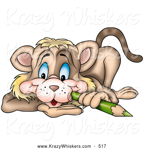 Critter Clipart of a Cute Brown Cat Poking His Cheek with a Green Color Pencil